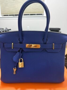 Hermes Birkin 30 Electrique Bleu Togo Leather Top-Handle Satchel w/Gold Hardward